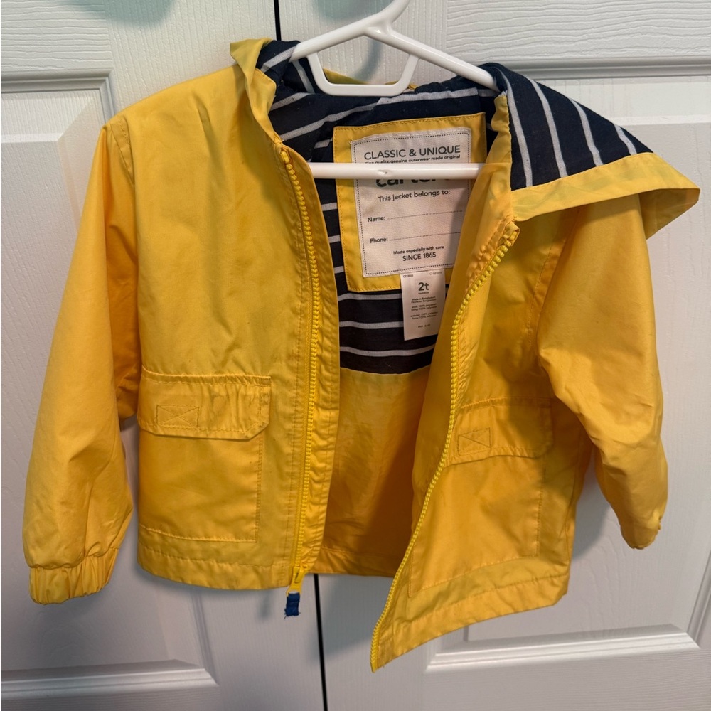 Carter's Yellow Hooded Raincoat with Navy Stripe Lining - 2T